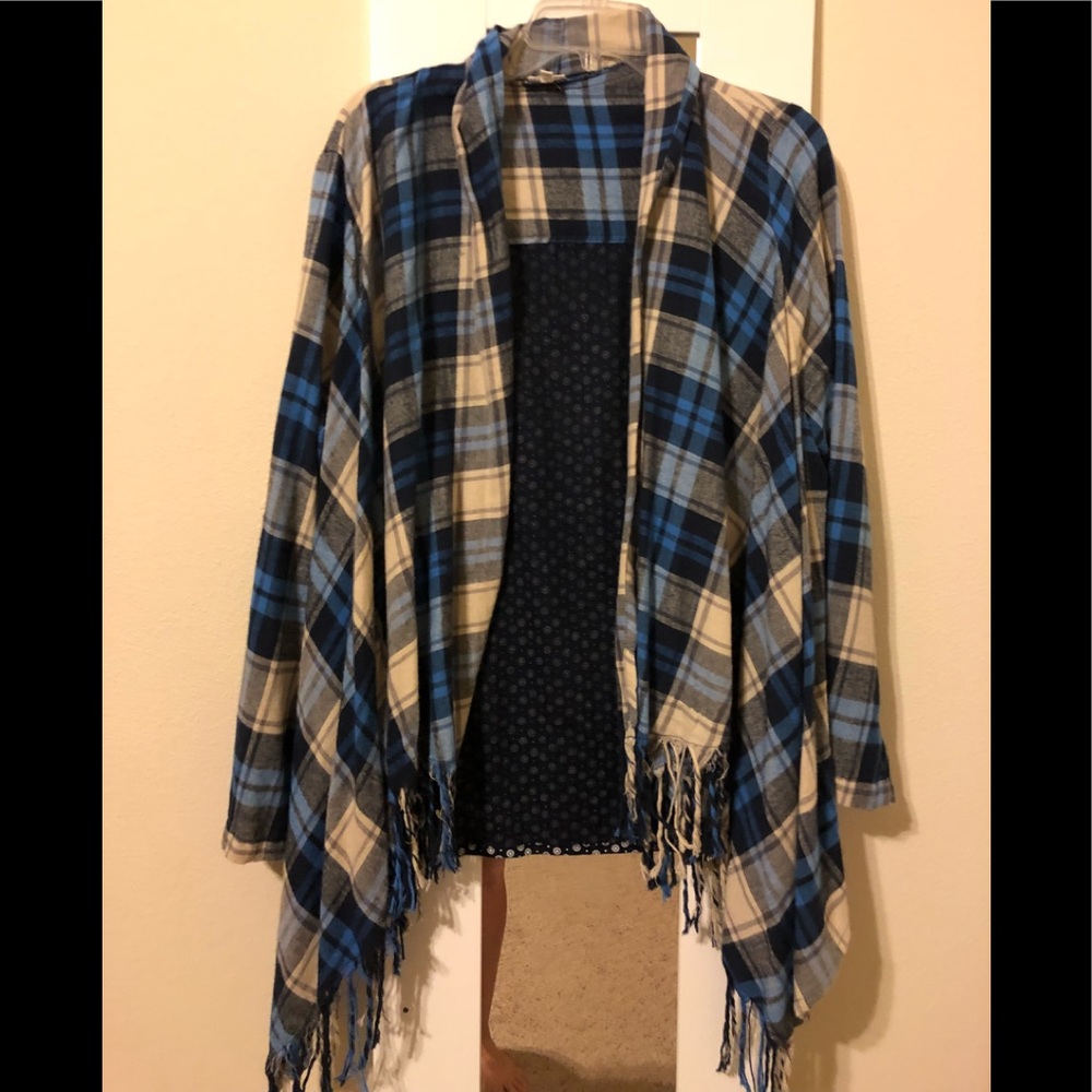 Plaid cardigan.